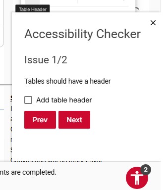 [Screenshot: Accessibility Checker showing Issue 1 of 2, Table needs a header]