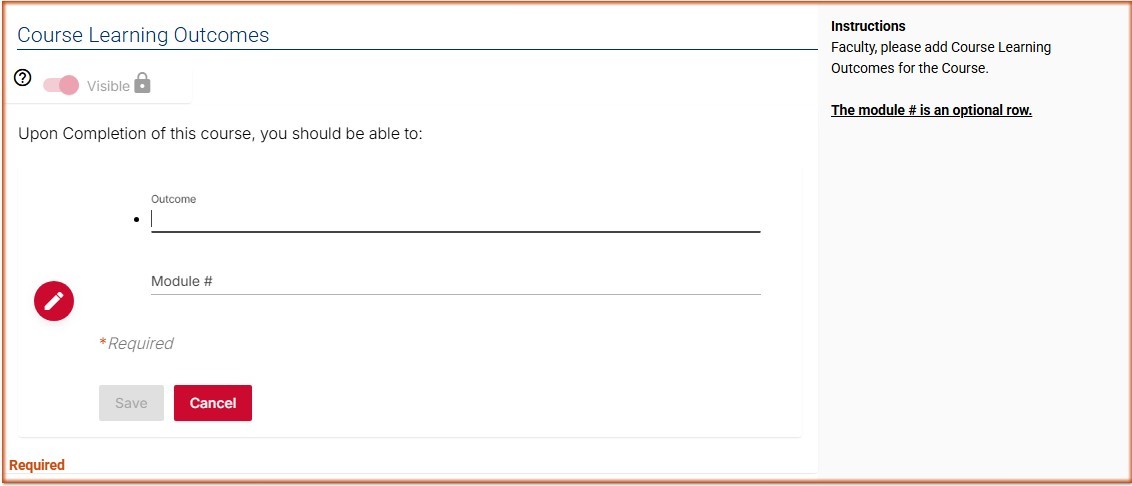 [Screenshot: Course Learning Outcomes editor with Week/Module tag]