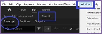 The window, text, and transcript tabs are all highlighted to show their locations.