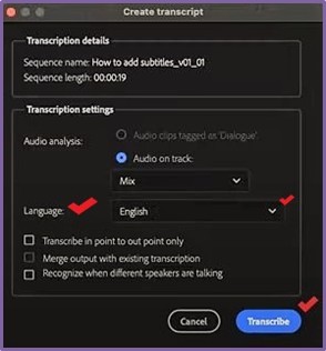 "Create transcript" dialogue box
