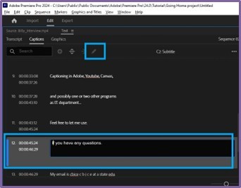 An example of the captions tab, and individual captions.