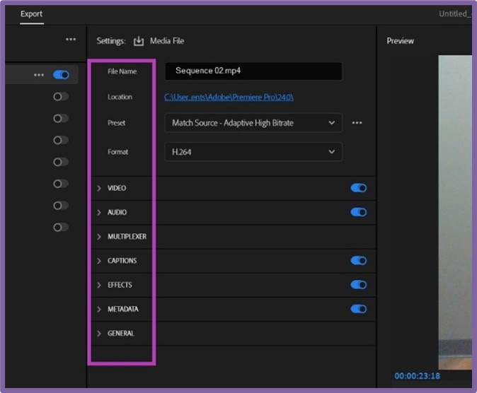 The export dialogue box with all of the customizable features.