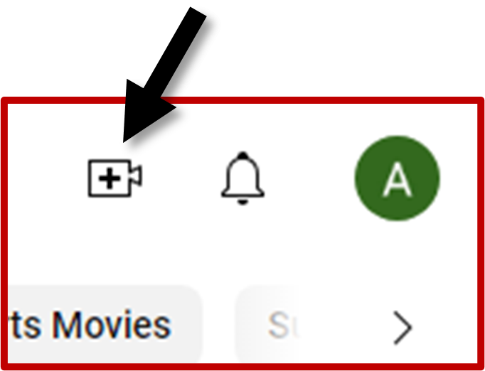 An arrow pointing to the button to upload a video