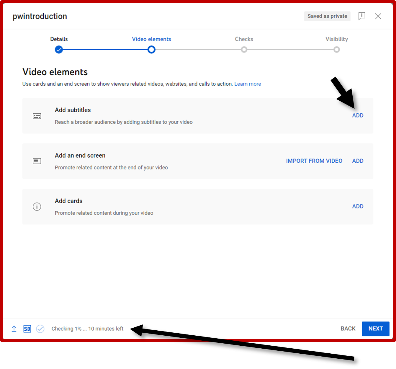The Video Elements dialogue box with arrows pointing to the button to add captions, and where to track progress.