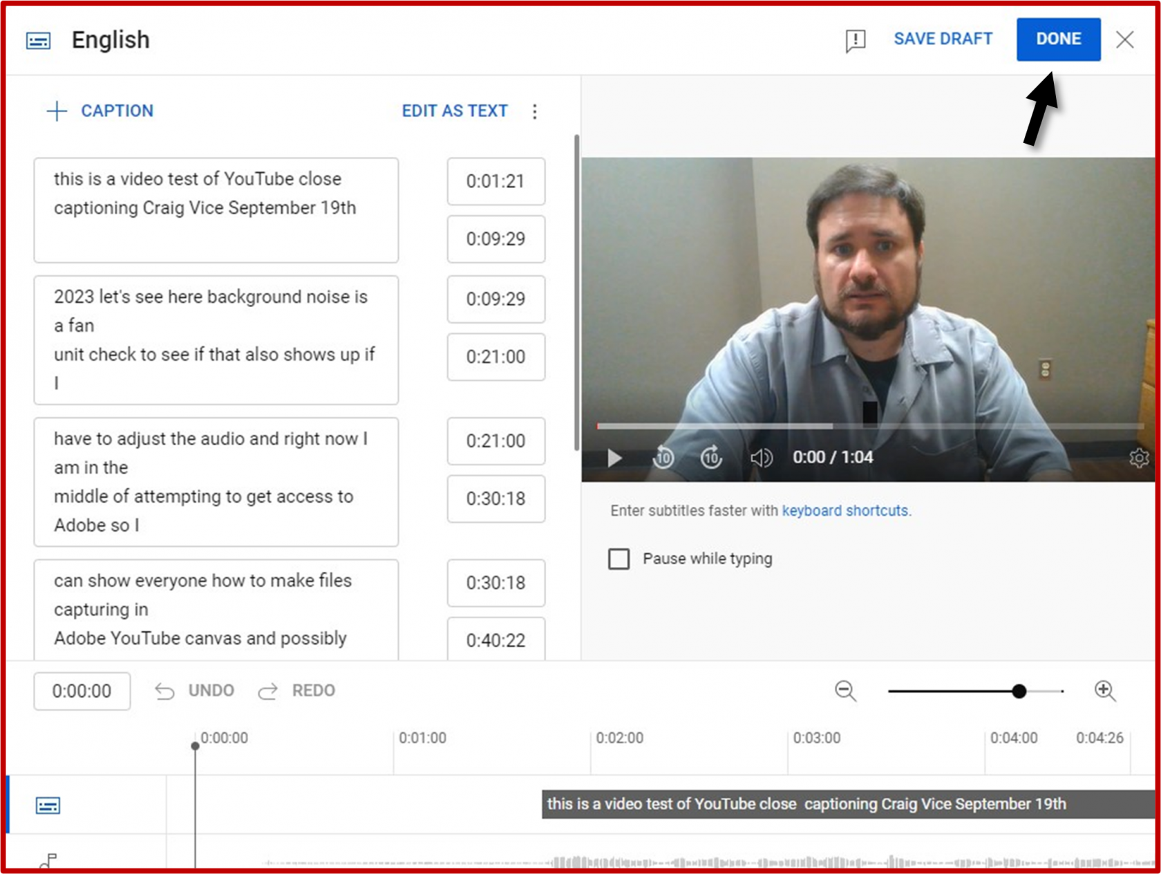 Caption editing workspace with an arrow pointing to the "Done" button in the top right corner.