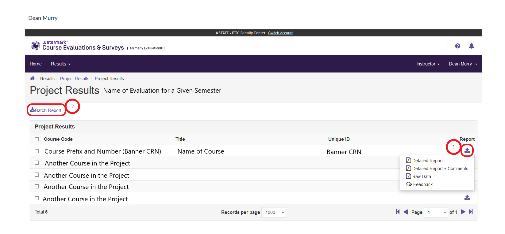 Watermark CES Showing the Locations of the Download Report button in the Project Results table and Download Batch Report button on the left above the Projects Results table. 