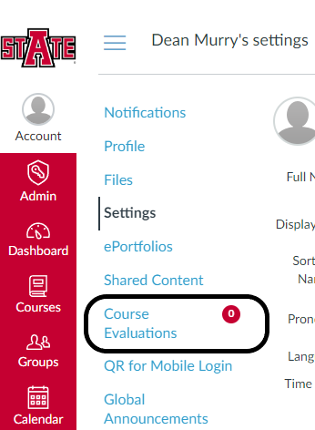 Watermark CES Course Evaluations link in the Account menu