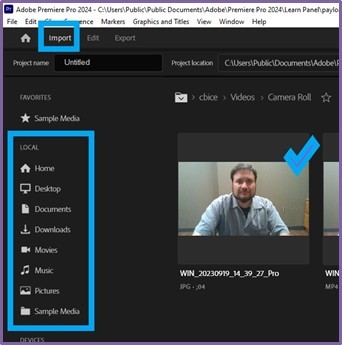 Import button highlighted in the top left. The different ways to upload content is highlighted below that.